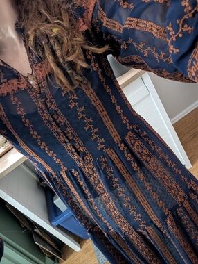 BCBG Navy Blue and Rust Orange Printed Maxi Dress